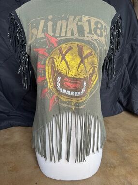 Upcycled Blink 182 Olive Graphic Fringe Womens Tank Top